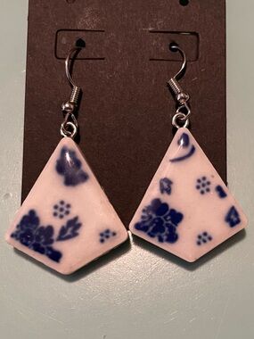 Blue and White Floral Ceramic Drop Earrings